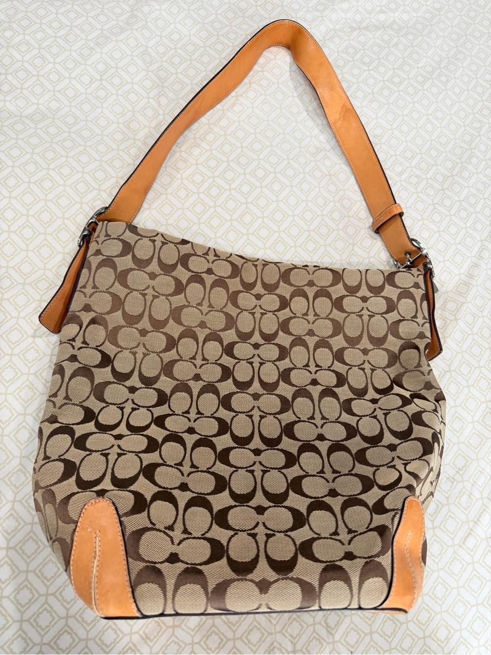 Coach Brown Signature Canvas Shoulder Bag with Tan Leather Trim